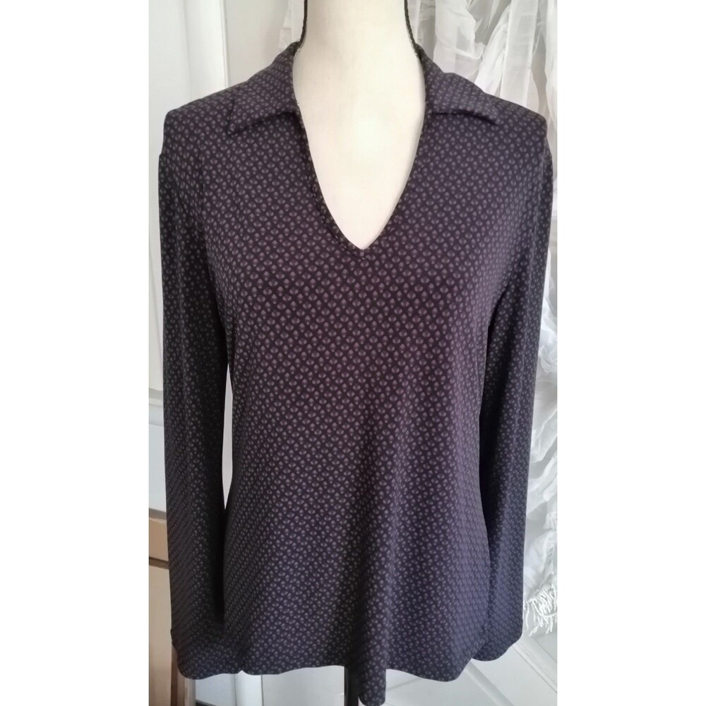 New York & Company  V Neck Blouse Women SZ L Purple Print Long Sleeve Slim Look